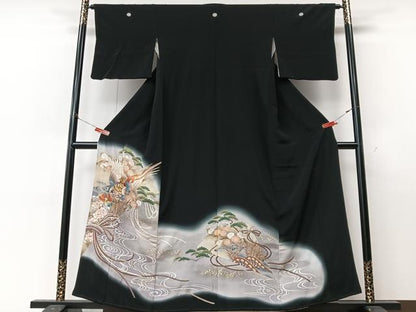 平和屋着物■豪華黒留袖　刺繍　尾長鳥枝松文　暈し染め　金彩　正絹　逸品　CABM2070xe