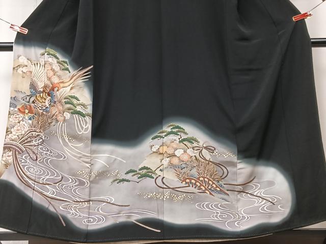 平和屋着物■豪華黒留袖　刺繍　尾長鳥枝松文　暈し染め　金彩　正絹　逸品　CABM2070xe
