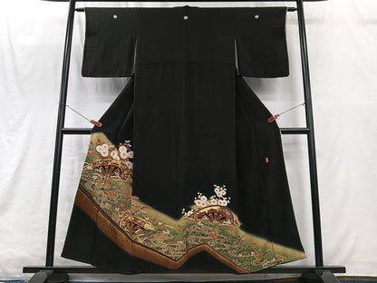 平和屋着物■豪華黒留袖　作家物　駒刺繍　片輪車枝花文　暈し染め　金彩　正絹　逸品　CABM2087xe