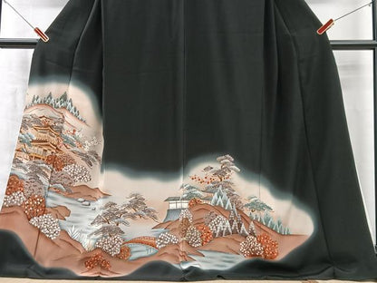 平和屋着物■豪華黒留袖　駒刺繍　風景文　暈し染め　金彩　正絹　逸品　CABM2088xe