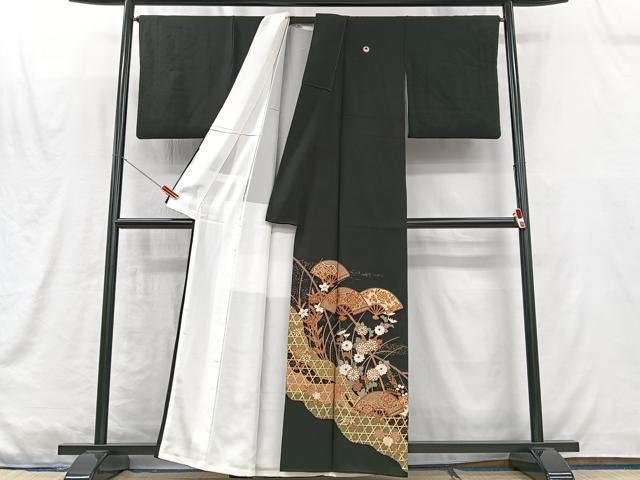 平和屋着物■豪華黒留袖　駒刺繍　扇面草花文　金彩　正絹　逸品　CABM2117xe