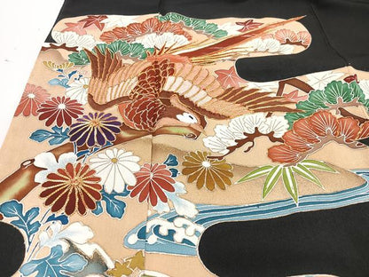 平和屋着物■豪華黒留袖　駒刺繍　尾長鳥立波花文　金彩　正絹　逸品　CABM2118xe