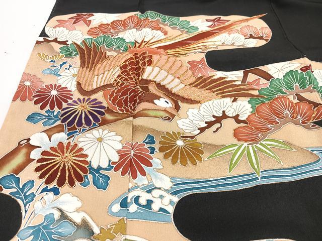 平和屋着物■豪華黒留袖　駒刺繍　尾長鳥立波花文　金彩　正絹　逸品　CABM2118xe