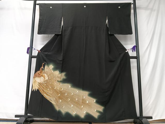 平和屋着物■豪華黒留袖　刺繍　孔雀文　暈し染め　金彩　正絹　逸品　CABM2149xe
