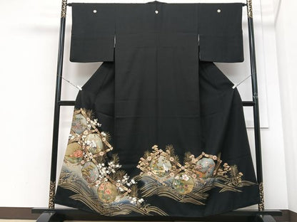 平和屋着物■豪華黒留袖　駒刺繍　立波花鳥文　暈し染め　金銀彩　正絹　逸品　CABM2176xe