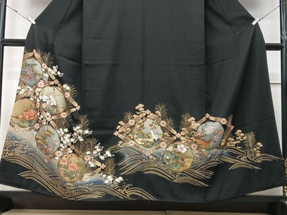 平和屋着物■豪華黒留袖　駒刺繍　立波花鳥文　暈し染め　金銀彩　正絹　逸品　CABM2176xe
