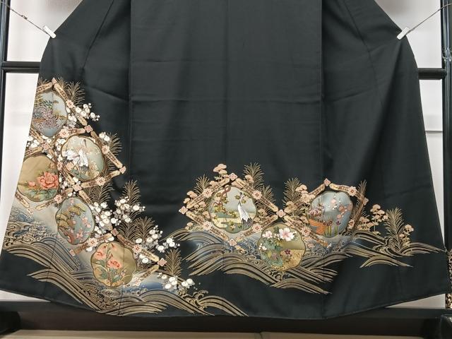 平和屋着物■豪華黒留袖　駒刺繍　立波花鳥文　暈し染め　金銀彩　正絹　逸品　CABM2176xe