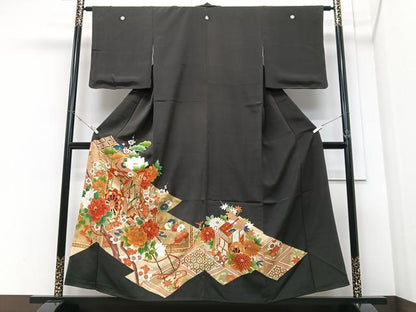 平和屋着物■豪華黒留袖　駒刺繍　御所車吉祥花文　金彩　正絹　逸品　CABM2179xe