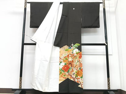 平和屋着物■豪華黒留袖　駒刺繍　御所車吉祥花文　金彩　正絹　逸品　CABM2179xe