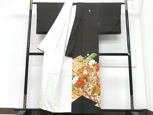 平和屋着物■豪華黒留袖　駒刺繍　御所車吉祥花文　金彩　正絹　逸品　CABM2179xe