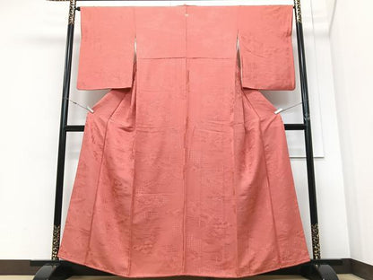 平和屋着物■上質な色無地　渡り橋雲取り花地紋　甚三紅　正絹　逸品　CABM2180xe