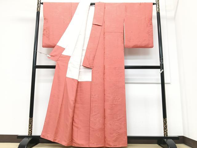平和屋着物■上質な色無地　渡り橋雲取り花地紋　甚三紅　正絹　逸品　CABM2180xe