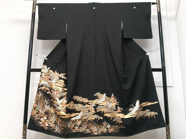 平和屋着物■豪華黒留袖　駒刺繍　飛鶴松文　金彩　正絹　逸品　CABM2185xe