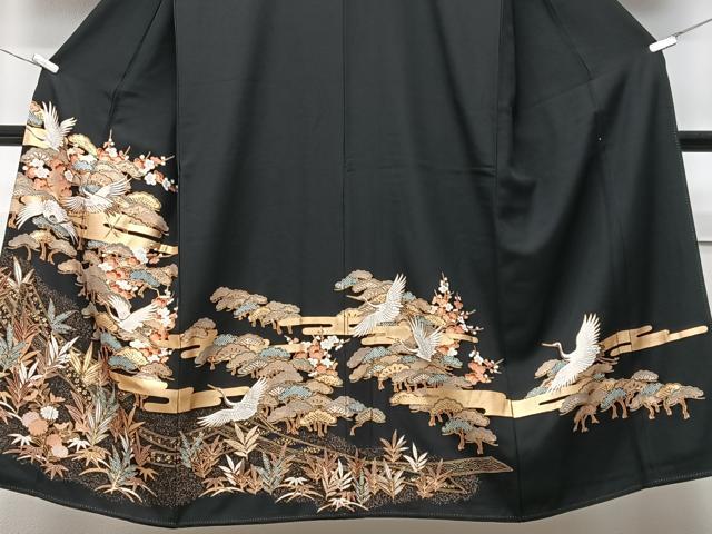 平和屋着物■豪華黒留袖　駒刺繍　飛鶴松文　金彩　正絹　逸品　CABM2185xe