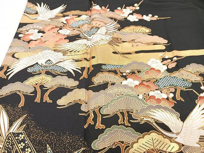 平和屋着物■豪華黒留袖　駒刺繍　飛鶴松文　金彩　正絹　逸品　CABM2185xe