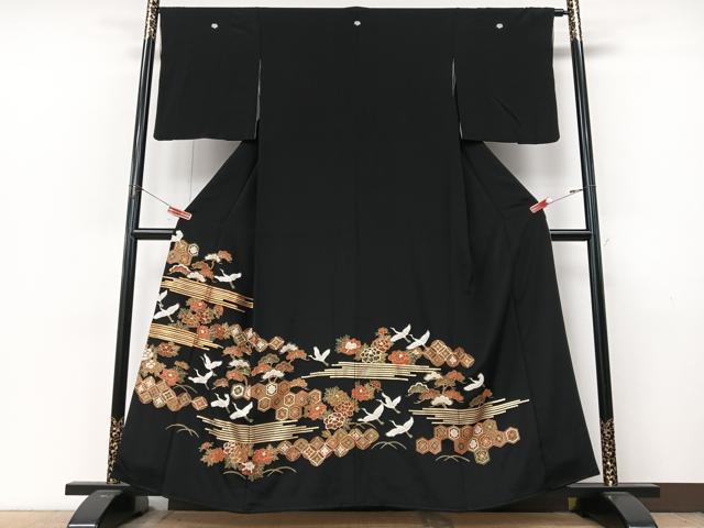 平和屋着物■豪華黒留袖　駒刺繍　飛鶴吉祥花文　金彩　正絹　逸品　CABM2205xe