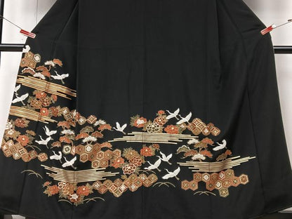 平和屋着物■豪華黒留袖　駒刺繍　飛鶴吉祥花文　金彩　正絹　逸品　CABM2205xe