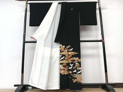 平和屋着物■豪華黒留袖　駒刺繍　飛鶴吉祥花文　金彩　正絹　逸品　CABM2205xe