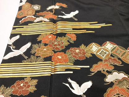 平和屋着物■豪華黒留袖　駒刺繍　飛鶴吉祥花文　金彩　正絹　逸品　CABM2205xe