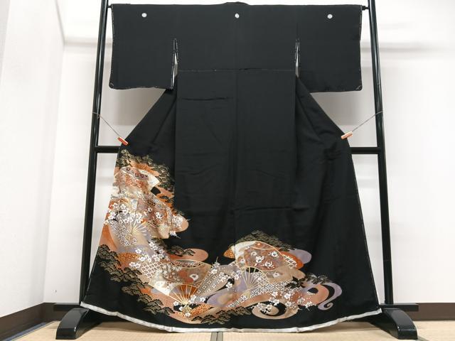 平和屋着物■豪華黒留袖　駒刺繍　扇面花文　金彩　正絹　逸品　未使用　CABM2237xe