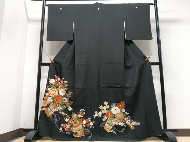 平和屋着物■豪華黒留袖　駒刺繍　花籠文　金銀彩　正絹　逸品　CABM2238xe