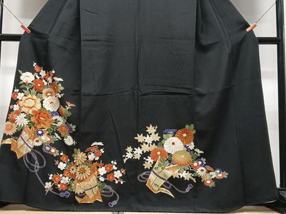 平和屋着物■豪華黒留袖　駒刺繍　花籠文　金銀彩　正絹　逸品　CABM2238xe