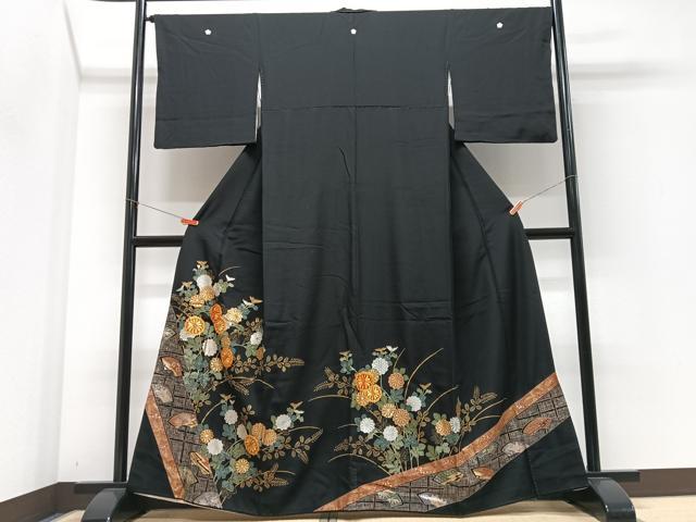 平和屋着物■豪華黒留袖　駒刺繍　草花文　金銀彩　正絹　逸品　CABM2244xe