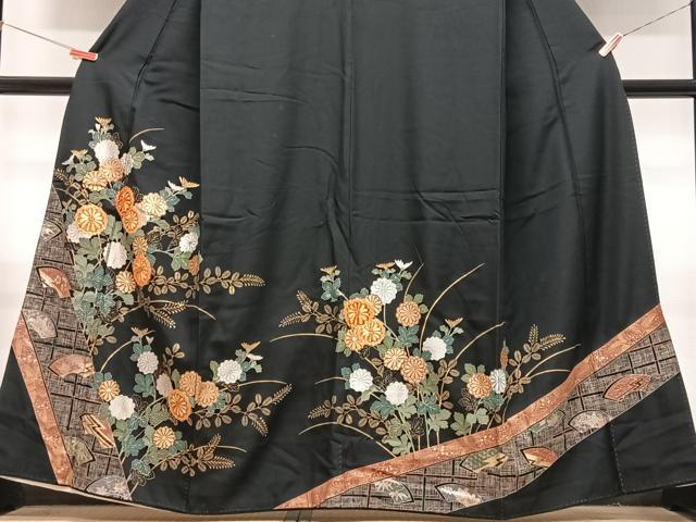 平和屋着物■豪華黒留袖　駒刺繍　草花文　金銀彩　正絹　逸品　CABM2244xe