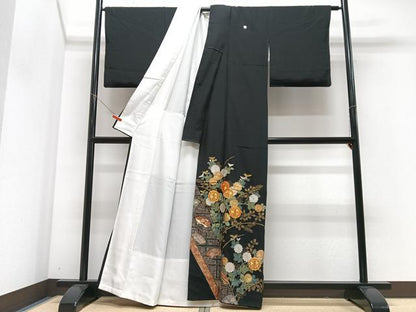 平和屋着物■豪華黒留袖　駒刺繍　草花文　金銀彩　正絹　逸品　CABM2244xe