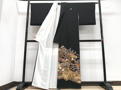 平和屋着物■豪華黒留袖　駒刺繍　流水草花文　金彩　正絹　逸品　CABM2268xe