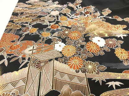 平和屋着物■豪華黒留袖　駒刺繍　流水草花文　金彩　正絹　逸品　CABM2268xe