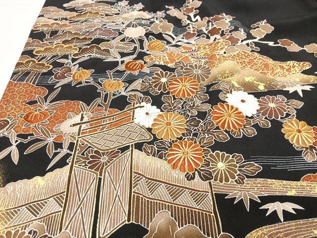平和屋着物■豪華黒留袖　駒刺繍　流水草花文　金彩　正絹　逸品　CABM2268xe
