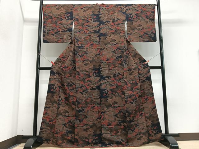 平和屋着物■上質な小紋　風景文　黒地　鬼しぼ縮緬　正絹　逸品　CABM2310xe