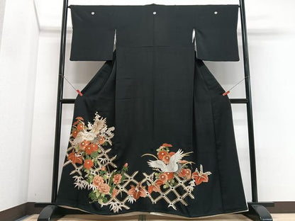 平和屋着物■豪華黒留袖　駒刺繍　飛鶴花文　金彩　正絹　逸品　CABM2318xe