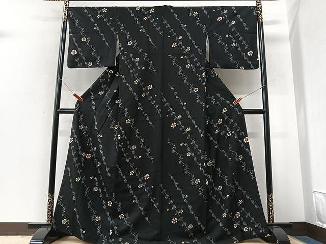 平和屋着物■小紋　枝桜文　黒地　洗える着物　CABM2357xe