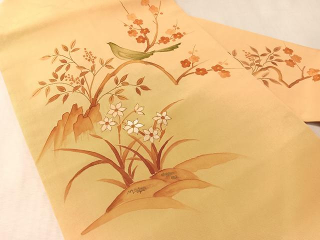 平和屋着物●塩瀬　九寸名古屋帯　手描き　枝花鳥文　金彩　正絹　逸品　CABM2840vp