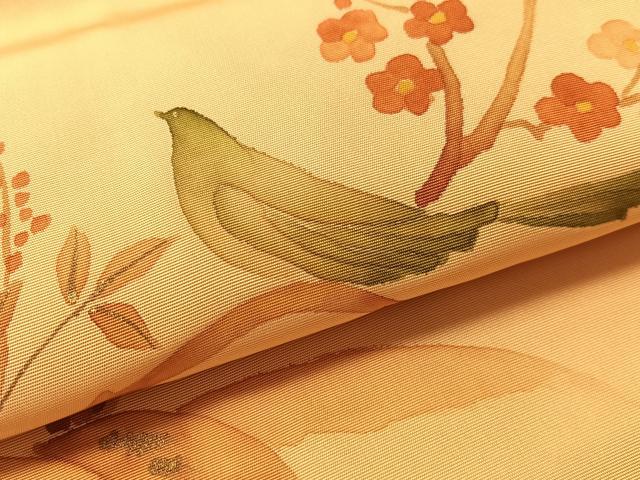 平和屋着物●塩瀬　九寸名古屋帯　手描き　枝花鳥文　金彩　正絹　逸品　CABM2840vp