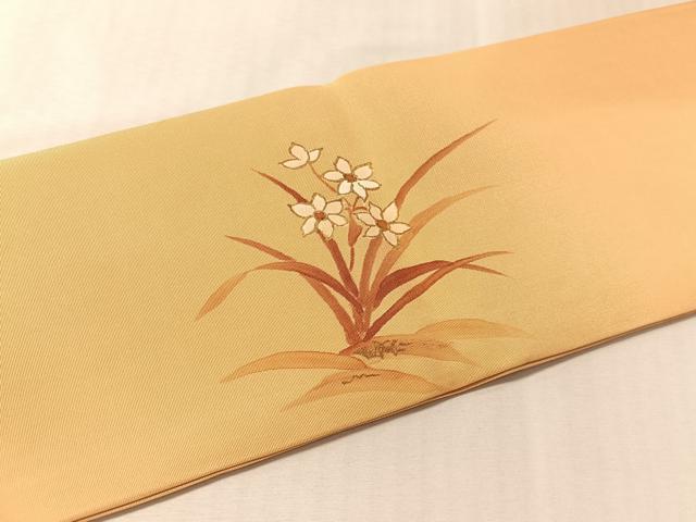 平和屋着物●塩瀬　九寸名古屋帯　手描き　枝花鳥文　金彩　正絹　逸品　CABM2840vp