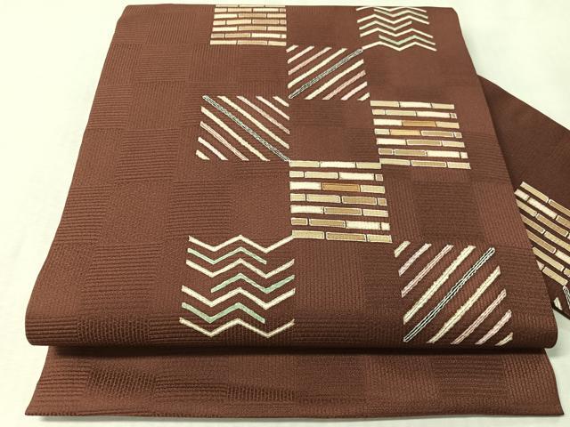 平和屋着物●九寸名古屋帯　駒刺繍　市松吉祥文　金彩　正絹　逸品　CABM2841vp