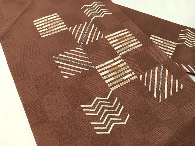 平和屋着物●九寸名古屋帯　駒刺繍　市松吉祥文　金彩　正絹　逸品　CABM2841vp