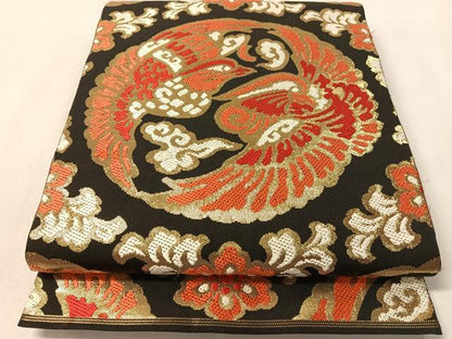 平和屋着物●西陣　川島織物　六通柄袋帯　唐織　双鳥丸文　黒地　金糸　正絹　逸品　CABM2881vp