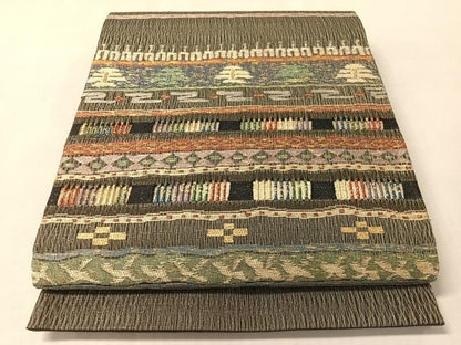 平和屋着物●六通柄袋帯　手織　櫛織　横段吉祥文　金糸　正絹　逸品　CABM2909vp