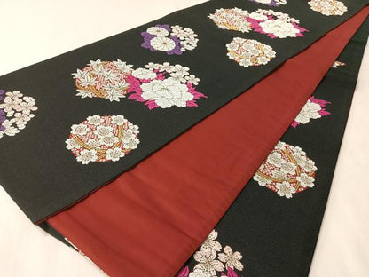 平和屋着物●六通柄袋帯　花物語　黒地　金糸　正絹　逸品　CABM2912vp