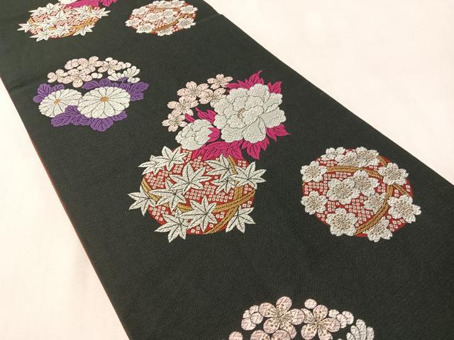 平和屋着物●六通柄袋帯　花物語　黒地　金糸　正絹　逸品　CABM2912vp