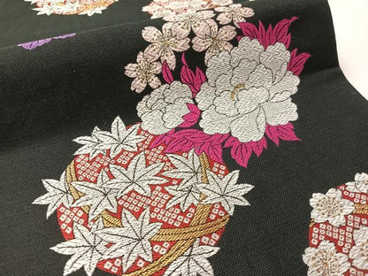 平和屋着物●六通柄袋帯　花物語　黒地　金糸　正絹　逸品　CABM2912vp