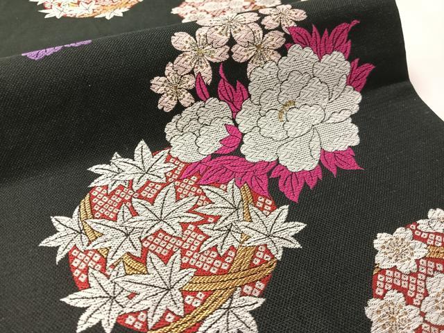 平和屋着物●六通柄袋帯　花物語　黒地　金糸　正絹　逸品　CABM2912vp