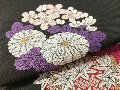 平和屋着物●六通柄袋帯　花物語　黒地　金糸　正絹　逸品　CABM2912vp