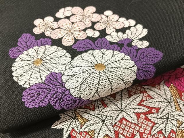平和屋着物●六通柄袋帯　花物語　黒地　金糸　正絹　逸品　CABM2912vp