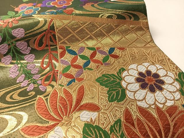平和屋着物●ファッションデザイナー 花井幸子　六通柄袋帯　唐織　流水几帳花文　金糸　正絹　逸品　CABM2939vp