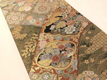 平和屋着物●六通柄袋帯　紹巴　吉祥花鳥文　金糸　正絹　逸品　未使用　CABM2941vp